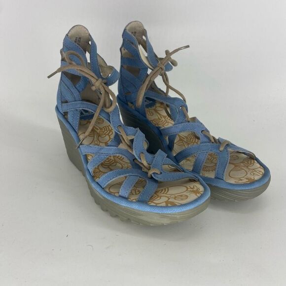 Fly London Women's Blue Yuke Leather Lace Up Wedge Sandal Size 38 EU 7.5 US - Picture 1 of 6